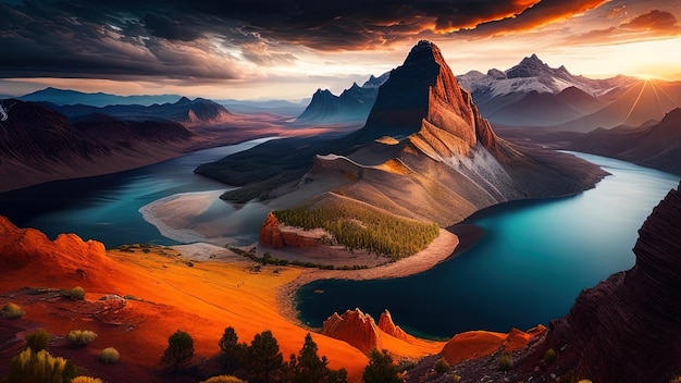 Fantastisch meer in de bergen bij zonsondergang Fantastisch landschap