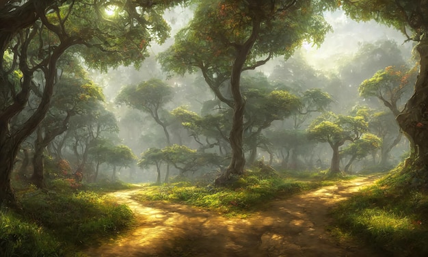 Fantastisch mysterieus bos van magische bomen Zonnestralen breken door gebladerte en takken van bomen Pad door struikgewas van het bos 3d illustratie