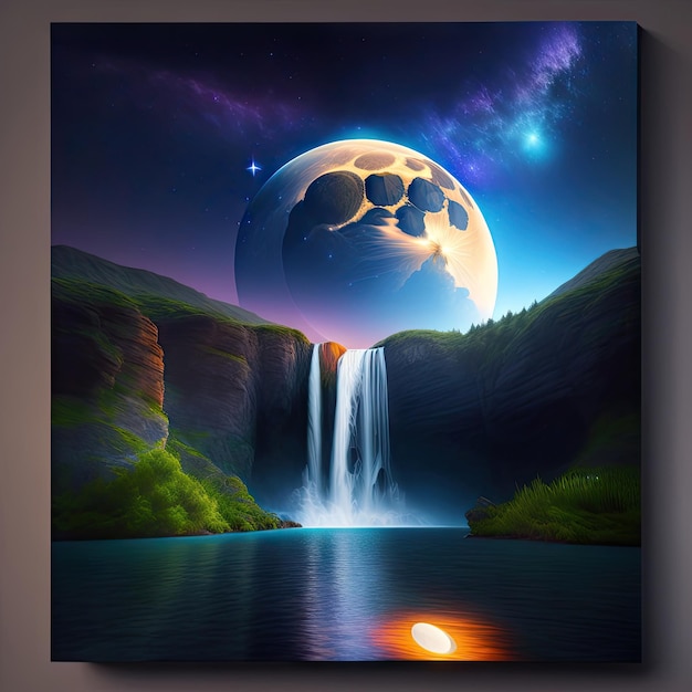 Fantastisch nachtzicht op de waterval Hoge hemel met een verstrooiing van sterren en een grote maan