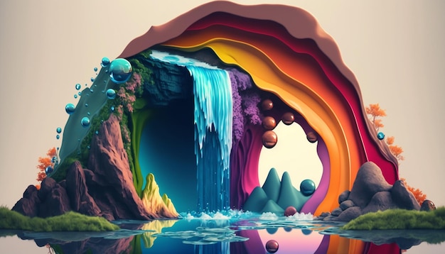 Fantastisch sureal float-eilandlandschap met kleurrijke watervalverfolie Generatieve AI