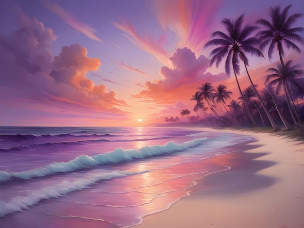 fantastisch surrealistisch paars zeegezicht met zonsonderganghemel, zee en palmbomen