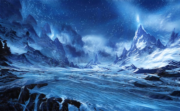 Fantastisch winter episch landschap van bergen Frozen Nature Mystic Valley Gaming RPG-achtergrond