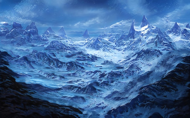 Fantastisch winter episch landschap van bergen Frozen Nature Mystic Valley Gaming RPG-achtergrond