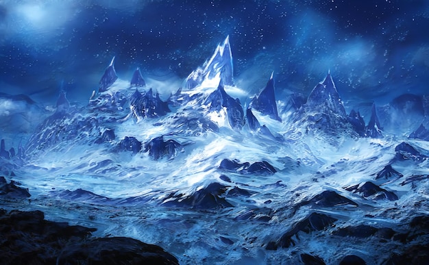 Fantastisch winter episch landschap van bergen Frozen Nature Mystic Valley Gaming RPG-achtergrond