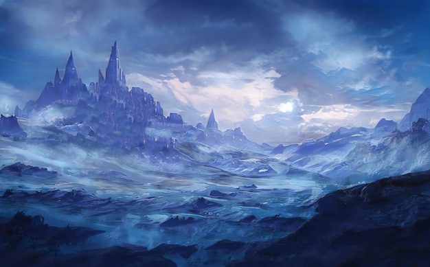 Fantastisch winter episch landschap van bergen Frozen Nature Mystic Valley Gaming RPG-achtergrond