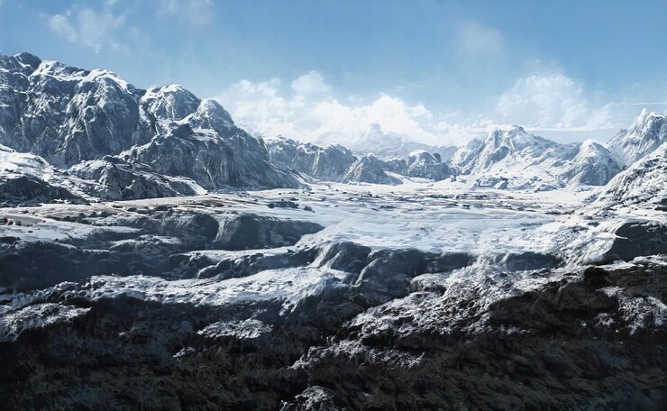 Fantastisch winter episch landschap van bergen Frozen Nature Mystic Valley Gaming RPG-achtergrond