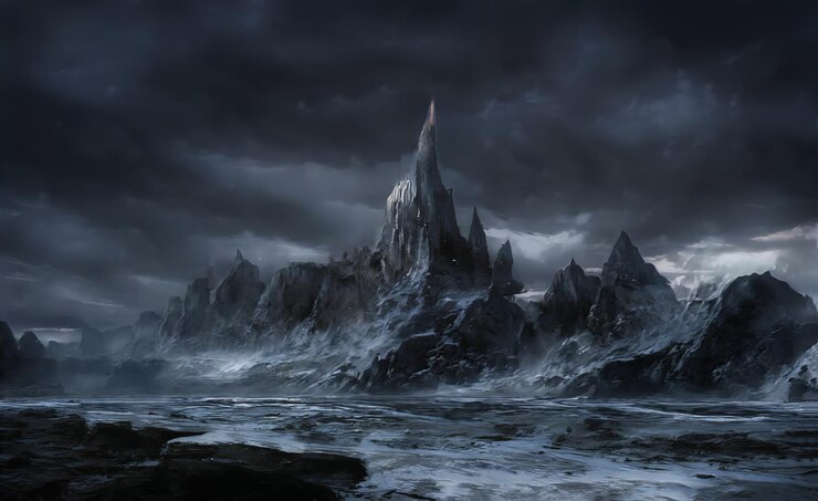 Fantastisch winter episch landschap van bergen Frozen Nature Mystic Valley Gaming RPG-achtergrond