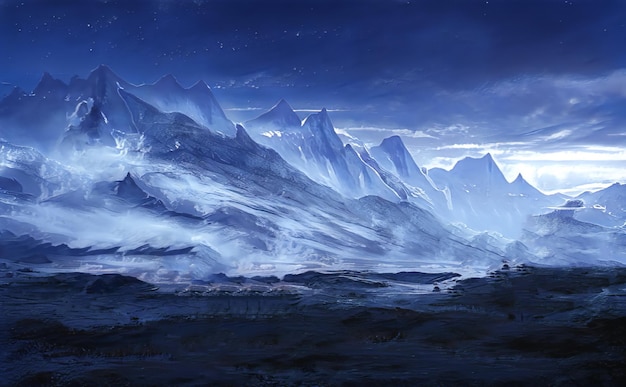 Fantastisch winter episch landschap van bergen Frozen Nature Mystic Valley Gaming RPG-achtergrond