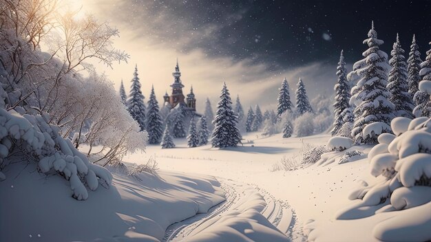 Fantastisch winterlandschap met kerk in het besneeuwde bos generatief ai