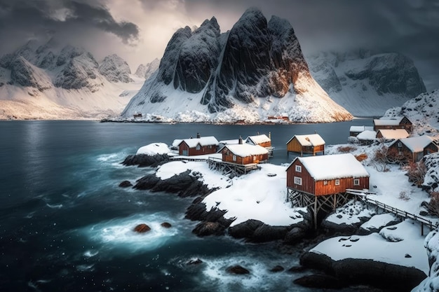 Fantastisch winters uitzicht op het dorp Hamnoy met de Festhaeltinden-berg in de verte Populaire toeristische bestemming Lofotens Locatie Noorwegen Europa Hamnoy Moskenesoya en Lofoten