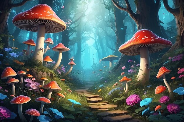 Fantastisch wonderland boslandschap met paddenstoelen en bloemen ai generatief