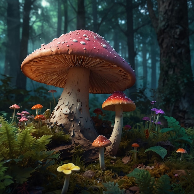 Fantastisch wonderland boslandschap met paddenstoelen en bloemen ai generatief