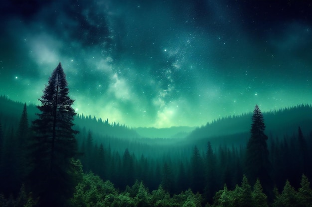 Fantastische aurora borealis over het bos in de bergen