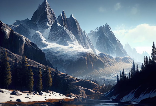 Fantastische bergtoppen met sneeuw bovenop Schilderachtig landschap met Alpen Generative Ai Art
