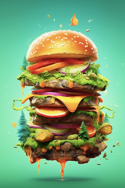 Foto fantastische burger met natuurlijke elementen.