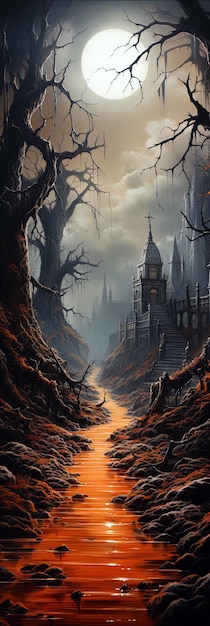 Fantastische griezelige landschapsachtergrond voor Halloween-bladwijzer Ai generatieve kunst