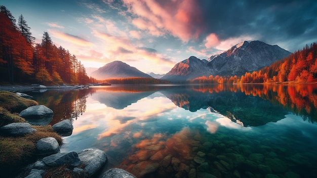 fantastische herfstzonsondergang van hintersee met reflectie