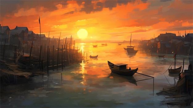 Fantastische illustratie van een oud schip dat bij zonsondergang op de rivier vaart