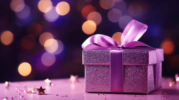 Fantastische prachtige paarse geschenkdoos met linten op feestelijke achtergrond vrije ruimte voor tekst
