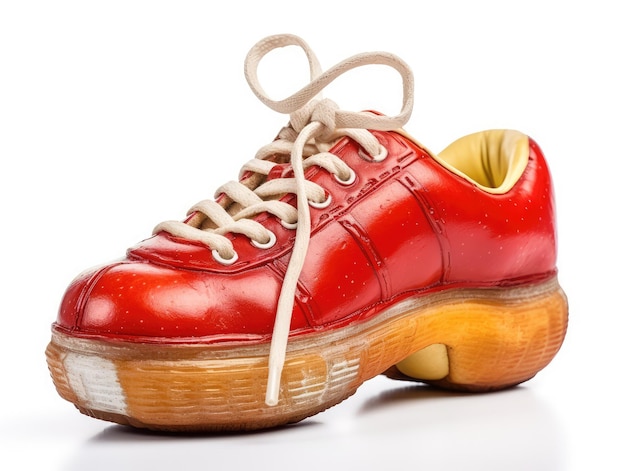 Fantastische rode appelschoenen gemaakt van vers fruit en groenten Vegan Fashion Witte achtergrond Creatieve schoenen Concept Generatieve AI Illustratie