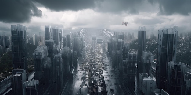 Fantastische stad van de toekomst tegen een achtergrond van wolken Grijze wolkenkrabbers tegen een achtergrond van wolken Zwart-wit bewolkte metropool postapocalyptisch Gegenereerd door AI
