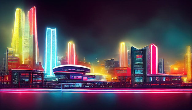 Fantastische stad van de toekomstige stad 's nachts met neonlicht en billboards