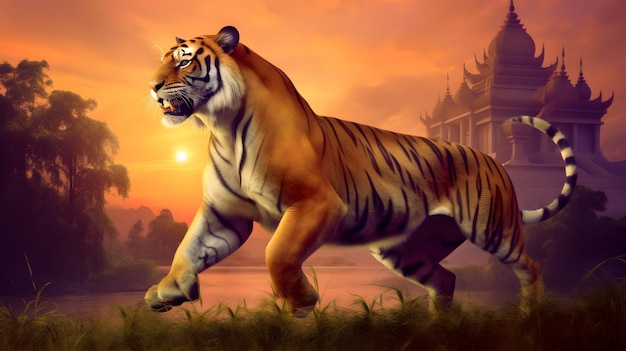 Fantastische tijger bij prachtige zonsondergang in de Aziatische geschiedenis AI gegenereerd