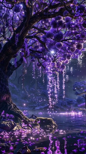 Fantastische ultraviolette boom bij het meer's nachts Luminescerende gloed van takken Verticale illustratie