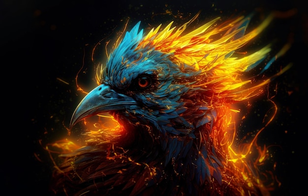 Fantastische vogel Phoenix in vurige vlammen op donkere gegenereerde AI