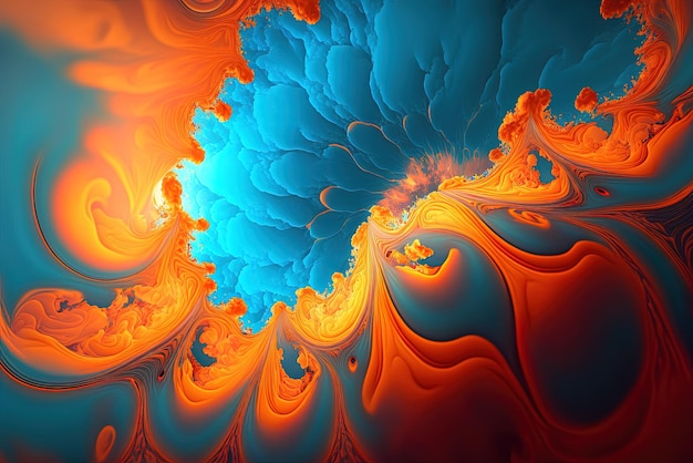 Fantastische wolken in abstract blauw en oranje Fractal achtergrond met levendige kleuren Esthetisch