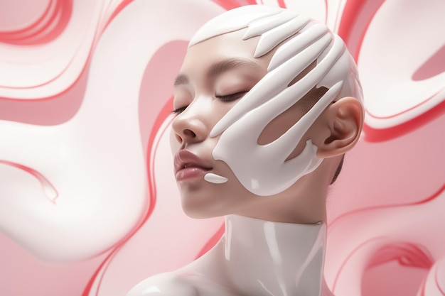 Фото Фантазия абстрактной красоты женщина наносит с волнами крем на лицо ии генерируется