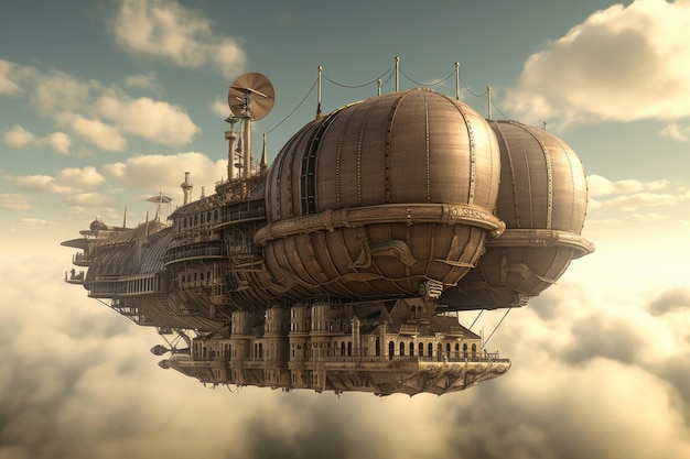 Fantasy airship in steampunk style flies through the sky with clouds