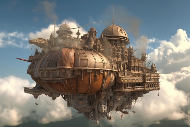 Il dirigibile fantasy in stile steampunk vola attraverso il cielo con le nuvole