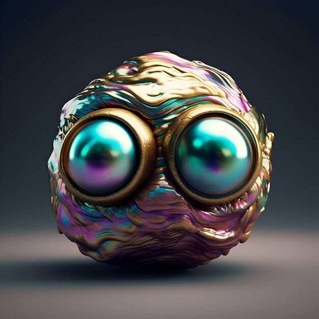 Fantasy alien creature with green eyes 3d render illustration