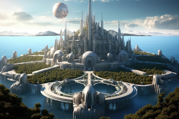 Fantasy alien planet 3d render illustration Fantasy worldUtopian civilisation utopic city future of humanity architecture of tommorow utopic world AI Generated