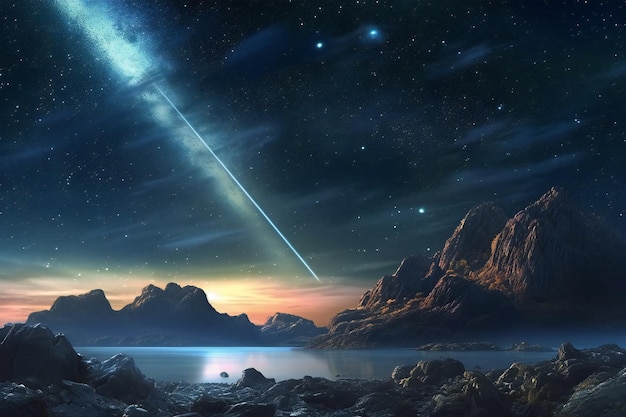 Fantasy alien planet Mountain and comet