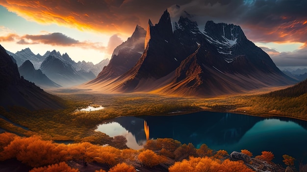 Fantasy alien planet Mountain and lake 3D illustration