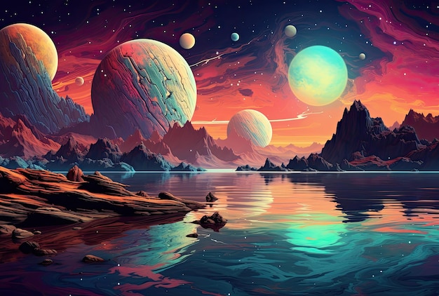 Photo fantasy alien planet mountain and lake 3d illustration