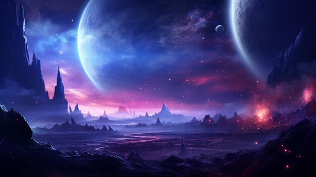 Photo fantasy alien planet mountain and lake