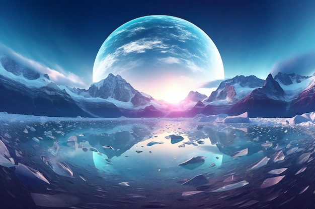 Fantasy alien planet Mountain and lake