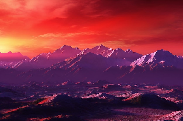 Fantasy alien planet Mountain and sunset