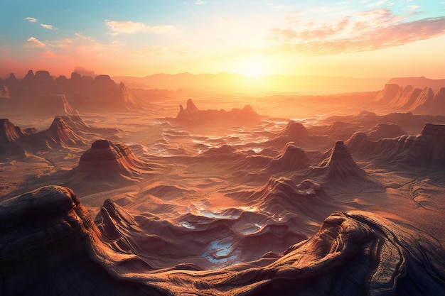 Fantasy alien planet Mountain and sunset