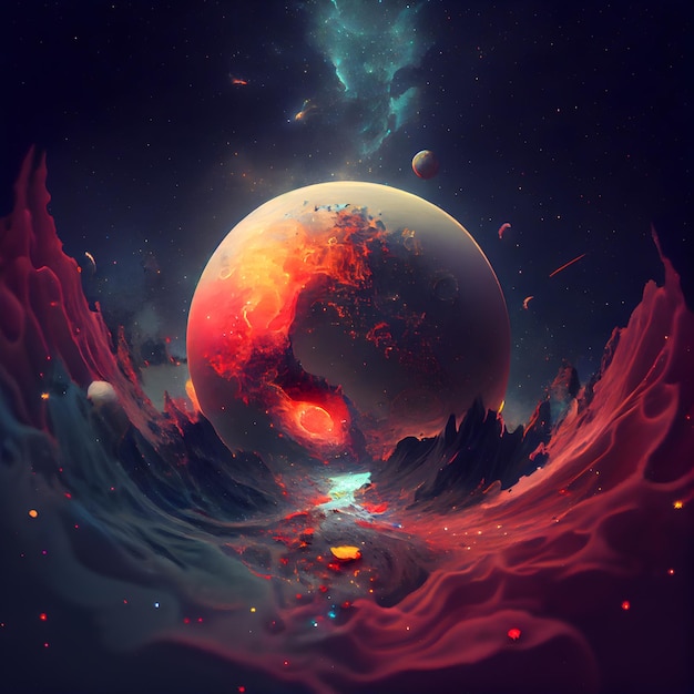 Fantasy alien planet in outer space 3d render illustration
