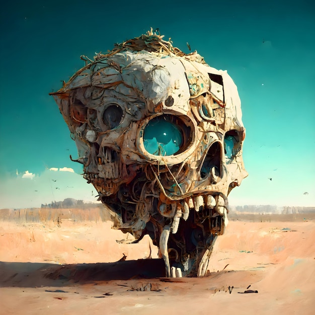 Fantasy alien skull in the desert Collage 3d rendering