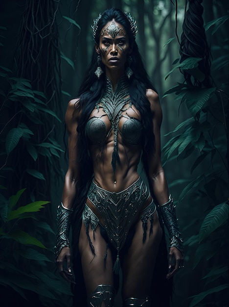 fantasy amazon female Ranger pathfinder with tribal face paint wearing iron armor generative AI