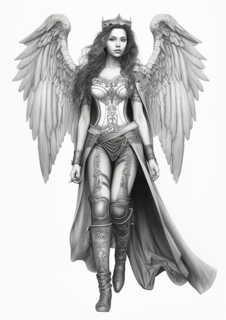 Fantasy Angel Art Detailed Monochrome Pencil Sketch Of Majestic Elvin Female