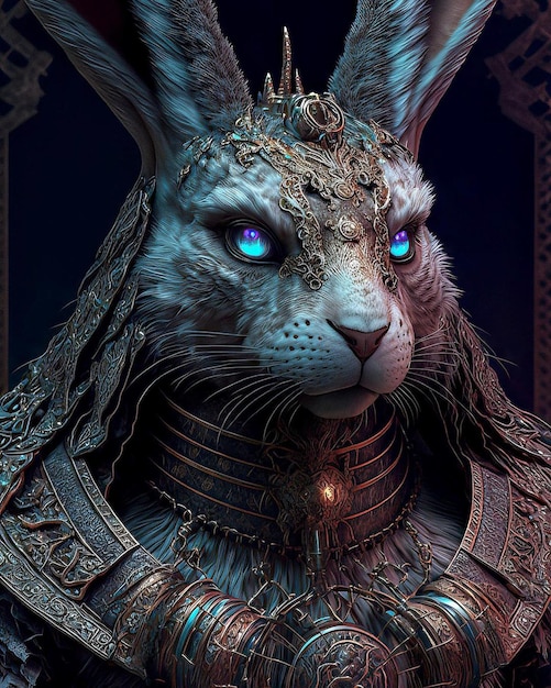 A fantasy animal with blue eyes and a golden crown.