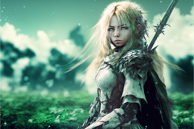 Fantasy anime girl warrior on green field