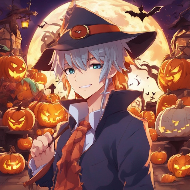 Fantasy Anime Halloween with pumpkin patch Image Ai Generated