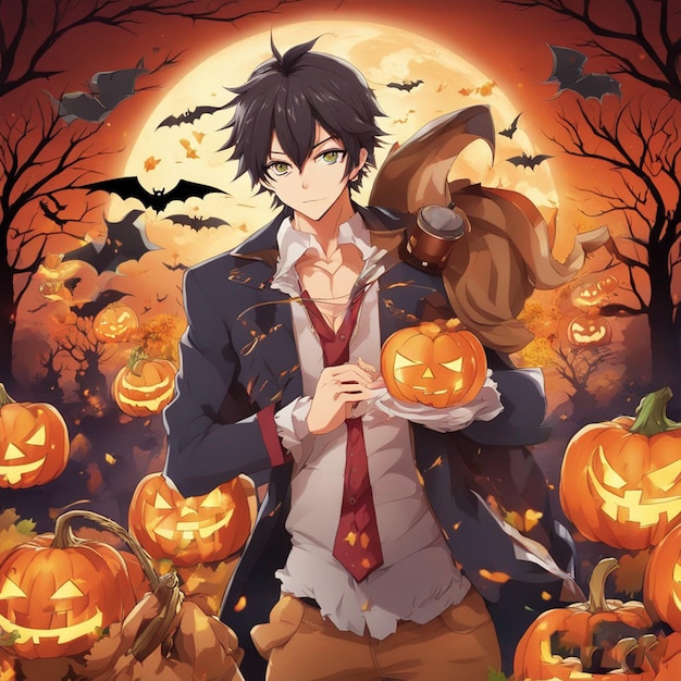 Fantasy Anime Halloween with pumpkin patch Image Ai Generated